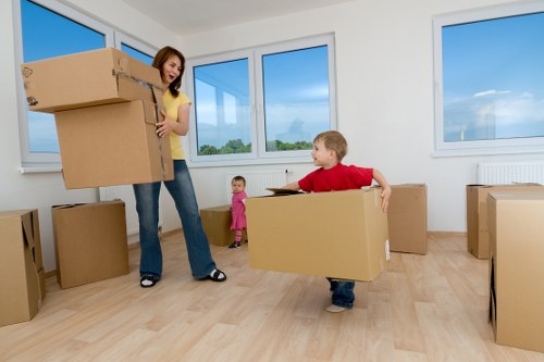Packed boxes and furniture prepared for temporary storage